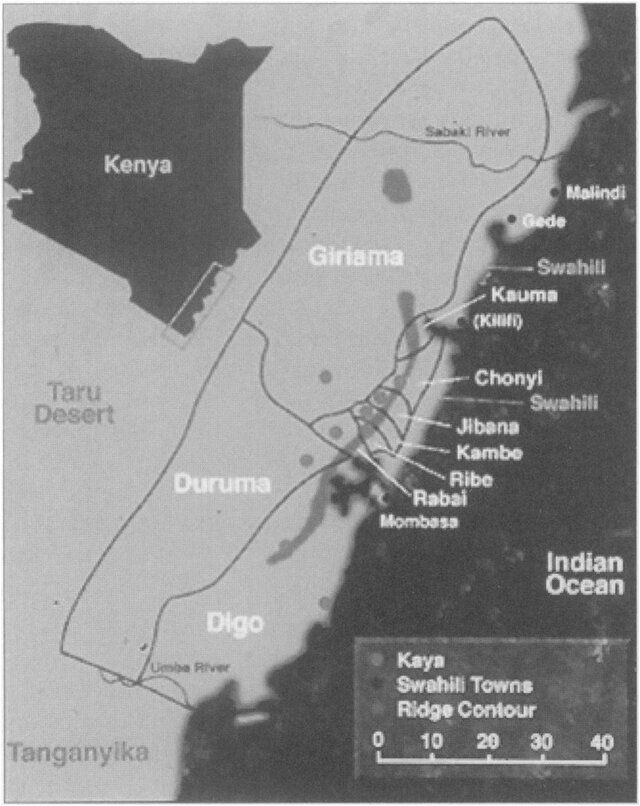 Map of Mijikenda tribal territories along Kenya's coast